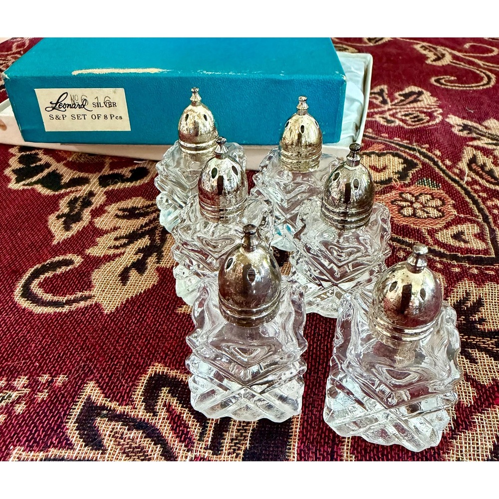 Vintage Leonard Silver Glass Salt Pepper Shakers Set Geometric Diamond Pattern
